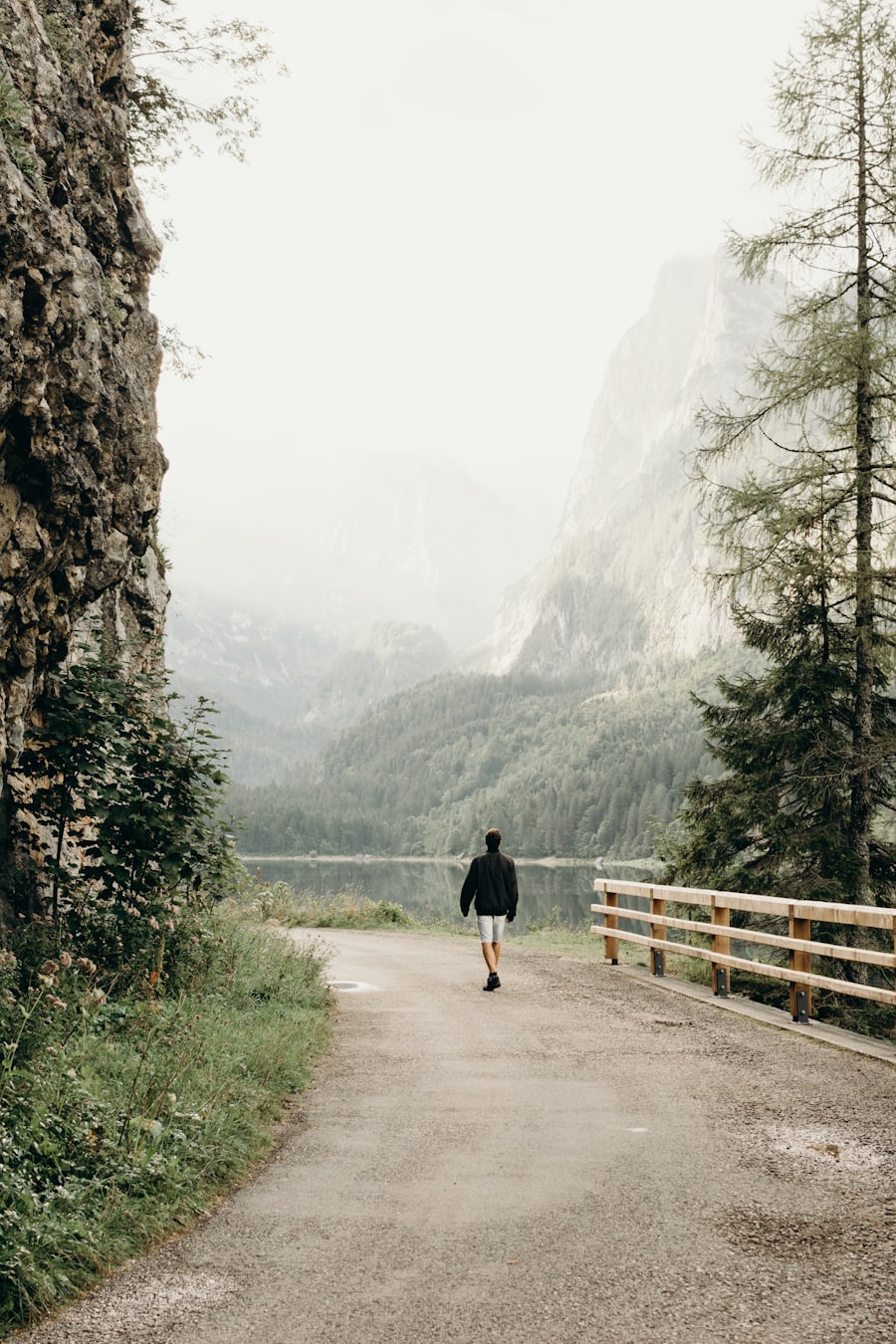 A person walking down a quiet mountain road in early-morning mist