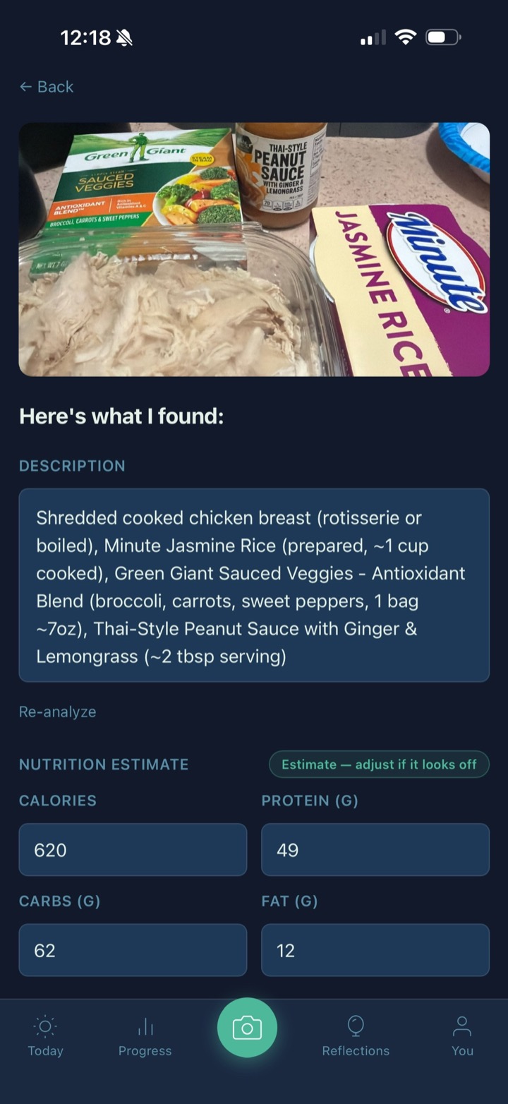 Meal logging: a photo of chicken, rice and vegetables with an automatic nutrition estimate you can adjust