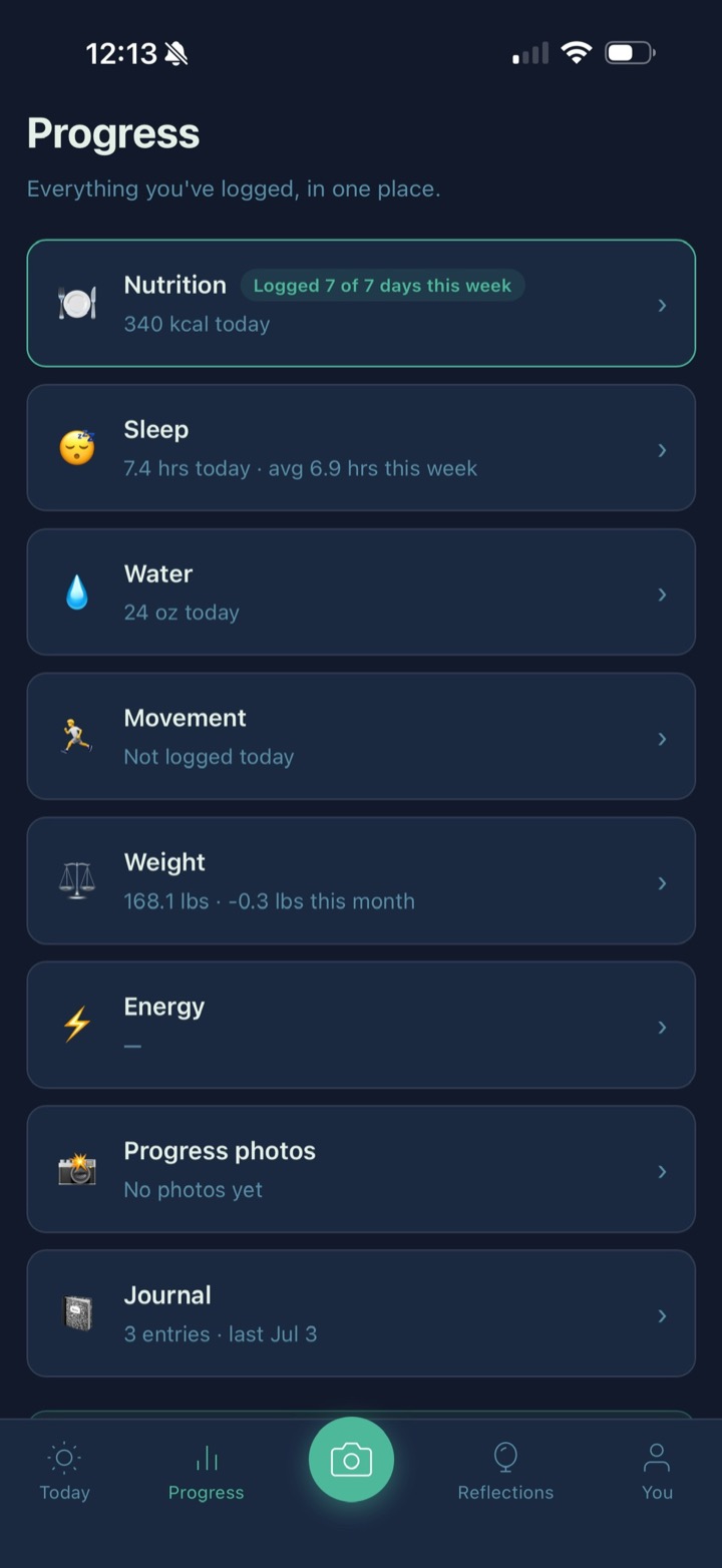 The Progress screen: nutrition, sleep, water, movement, weight, energy and journal in one list