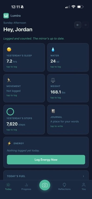 The Today screen: sleep, water, movement, weight, steps and journal tiles with a gentle greeting