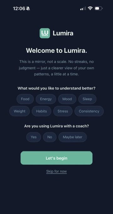 The Romyen app welcome screen: This is a mirror, not a scale. No streaks, no judgment.